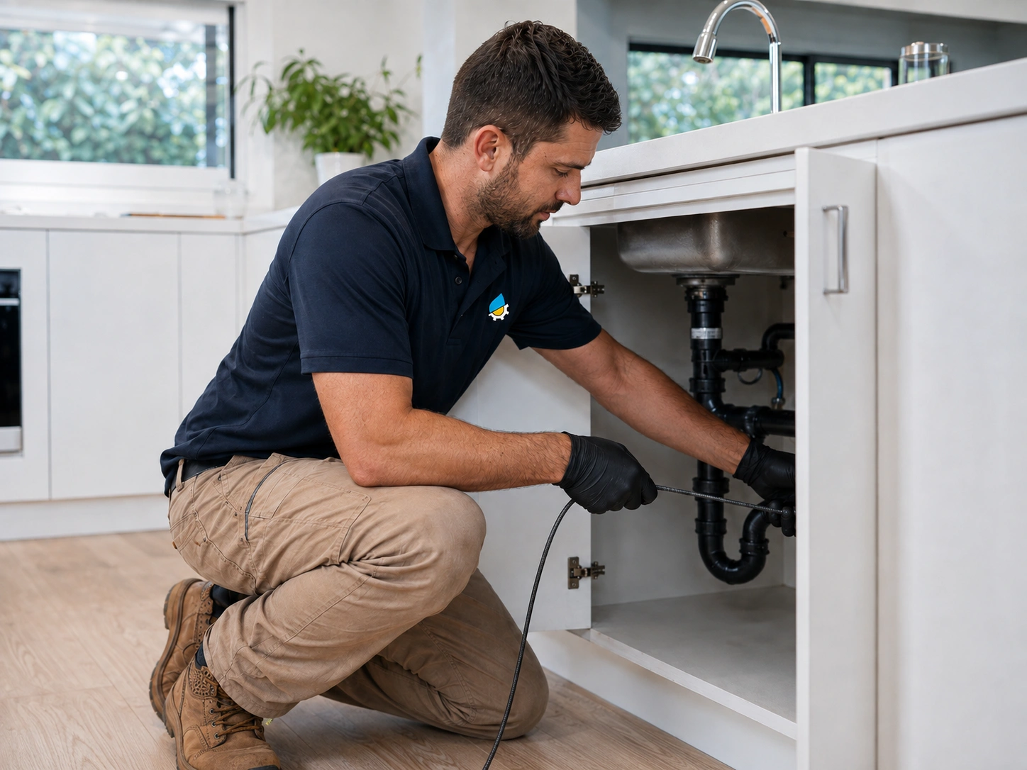 Plumber checking kitchen sink pipes for a blockage