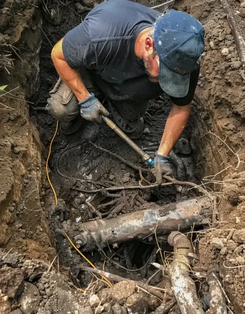 Plumber excavating a drain line in Epping